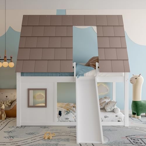 EINHOM Kinderbett 140x200 cm, Etagenbett mit Dach, Leiter und Rutsche, Hausbett mit Rausfallschutz, Lattenrost aus Holz, MDF+Kiefer, Weiß+Braun, Ohne Matratze
