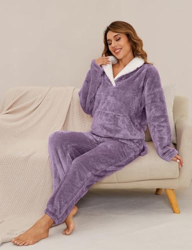 Kissonic Women's Fluffy Pajama Set Fleece Pullover Pants Fuzzy Lounge Set Cozy Winter Pj Sleepwear with Pockets2