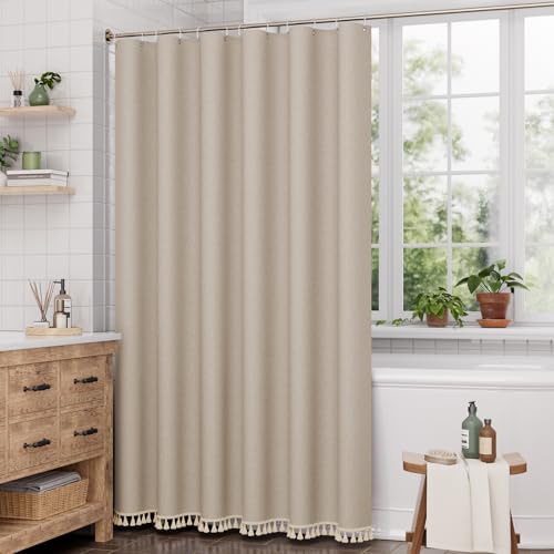 Image of AmazerBath Farmhouse Shower Curtains for Bathroom, Tan Shower Curtain with Tassels, Taupe Rustic Faux Linen Shower Curtain Set with 12 Hooks, 72x72 Inches