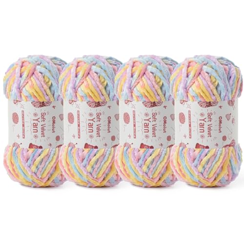 Image of 4x100g Fluffy Velvet Chenille Yarn for Crocheting and Knitting, 4x80m (87.5yd) Baby Yarn for Crocheting Soft, Crochet Chunky Yarns Amigurumi Yarns (4 Macaron)