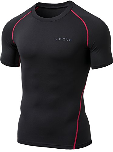 TSLA Men's Thermal Short Sleeve Compression Shirts, Athletic Sports Base Layer Top, Winter Gear Running T-Shirt, Thermal Short Sleeve Black & Red, Large