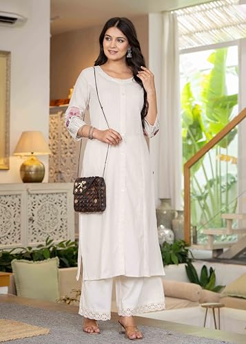 Image of Pistaa's Women Cotton Elegant Off-White Floral Embroidered Sleeves Kurta Palazzo Set