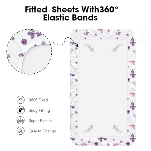 Image of Little Grape Land Mini Crib Sheets 4 Pack, Pack n Play Sheets Fitted 38 x 26 for Boys and Girls, Pack and Play Sheets Compatible with Graco Pack n Play Playard, Butterfly Flower