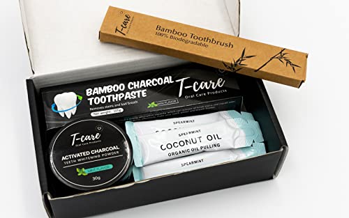 Image of Brilish Charcoal Teeth Whitening Tooth-Care Kit - Natural Activated Charcoal Powder, Charcoal Toothpaste, Bamboo Toothbrush, Organic Pulling Oil - Fluoride-Free, Removes Stains, Freshens Breath