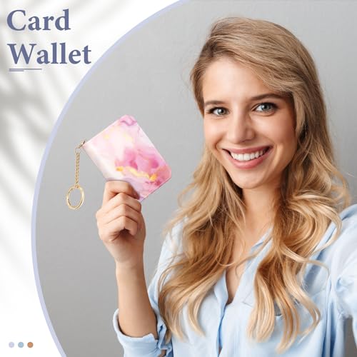 Image of Credit Card Holder RFID Wallet for Women, Small Leather Card Organizer Case with Zipper and Keychain, Red Marble