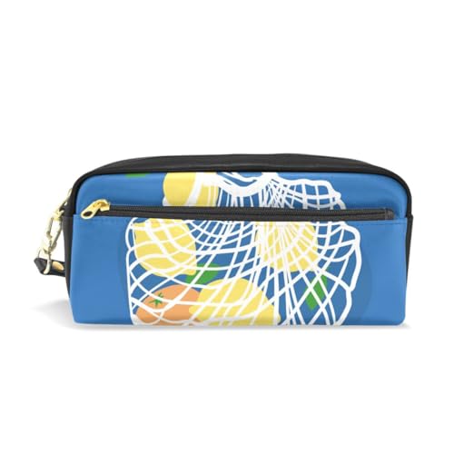 Akiraki ペンケース おしゃれ 高校生 筆箱 大容量 女の子 ふでばこ 中学生 小学生 ペンポーチ 化粧ポーチ イタリア レモン ブルー 青 果物柄 PU レザー ポーチ ケース 文房具 文具 可愛い