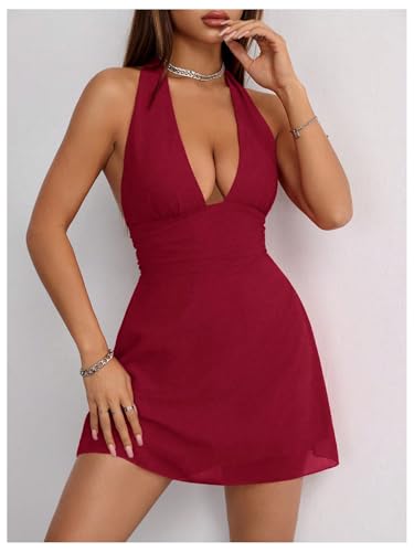 Image of Milumia Women's Deep V Neck Halter Mini Dress Sexy Bow Tie Backless Short Dress