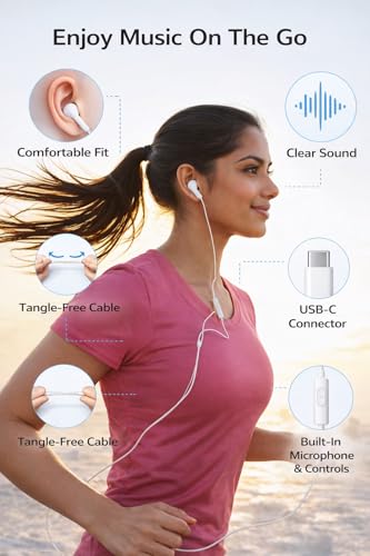 Image of Original Type-C Wired Earphones Compatible with iPhone 15, 16, 17 Featuring Rich Stereo Sound, HD Voice Microphone, in-Line Media Controls and Lightweight Comfortable Design (White) (Off White 2)