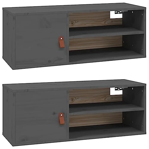 vidaXL Wandschrank 2 STK., Hängeschrank mit viel Stauraum, Schwebeschrank für Wohnzimmer, TV Schrank Wohnzimmerschrank Holzschrank, Grau Massivholz Kiefer