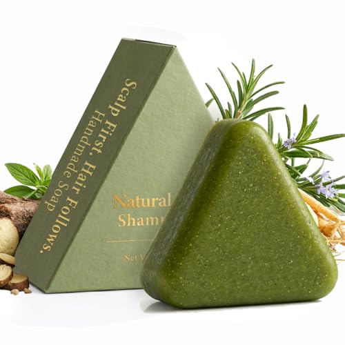 Pwkvsn Korean Scalp Revival Bar Scalp Care Shampoo Bar Rosemary Triangle Regrowth Shampoo Bar for Dry Oily & Sensitive Scalp Natural Botanical Anti-Hair Loss Hydrating Green Hair Care Soap (1)