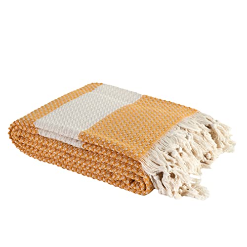 Aegean Concept Blanket, Vintage Boho Rustic 100% Cotton Super Soft 90"X102" (230 Cm X 260 Cm) King Size,Adult Turkish Muslin Light, Cozy Couch Bedcover King Blankets, (Mustard) #TOP6