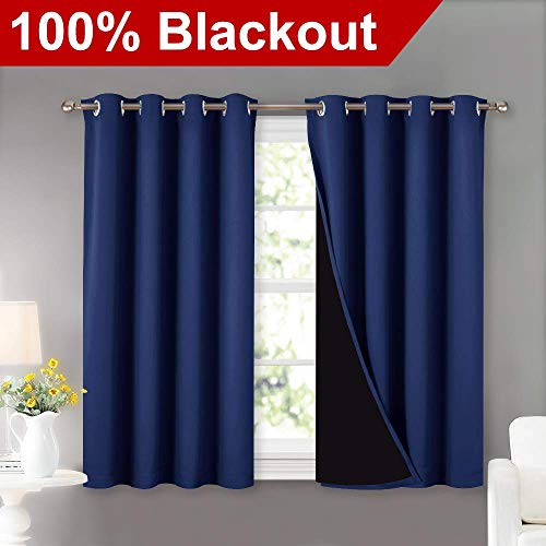 Image of NICETOWN 100% Blackout Curtains with Black Liners, Thermal Insulated 2-Layer Lined Drapes, Energy Efficiency Small Window Draperies for Dining Room (Royal Blue, 2 Panels, 52 inches W by 45 inches L)