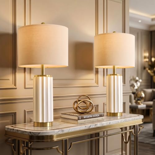 Image of USumkky 25.75 inch Off-White Ceramic Table Lamp Set of 2, Mid Century Modern Bedside Nightstand Lamps for Bedroom Living Room, Linen Shade & Gold Metal Base, Rotary Switch E26 (Bulbs Excluded)