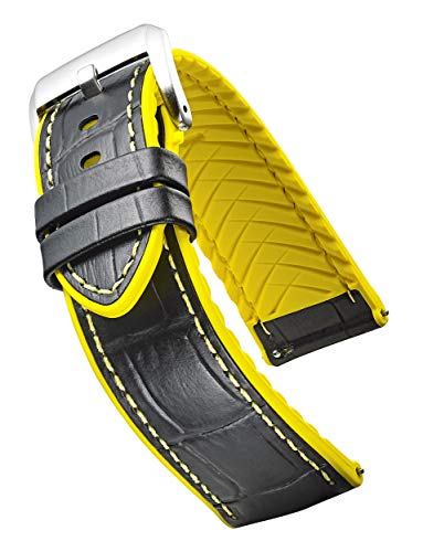 Stunning Selection Alpine Genuine Alligator Grain Leather Watch Band With Silicone Waterproof Lining And Quick Release Steel Spring Bars - Black/Yellow - 22Mm #TOP20
