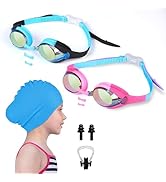 EcoNour Kids 2-Pack Swimming Goggles with Anti-Fog & UV Protection + Blue Waterproof Silicone Cap...