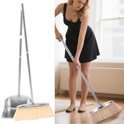 Nhujevkom Besen Mit Kehrblech Set | Edelstahl Kehrblech - Bodenreinigung Zubehör Aus Edelstahl Für Wohnung Terrasse Restaurant Arbeitszimmer Hartboden Garage Schlafzimmer Straße – Bild 3