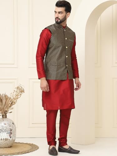 Image of SOJANYA (Since 1958 Men's Silk Blend Kurta Pyjama With Self Design Nehru Jacket