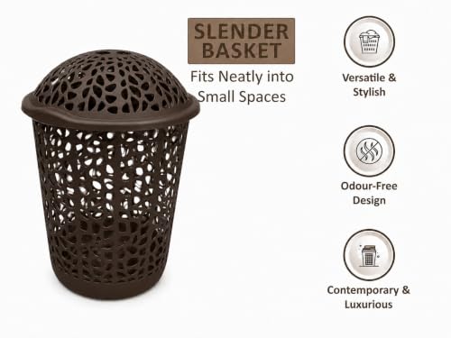 Image of KITCHIVO Plastic Large 55 Ltr Laundry Basket with Lid & Handle | Multipurpose Hamper Bins Storing Washable Clothes, Blankets | Household Ideal for Home & Bathroom (Round Brown)