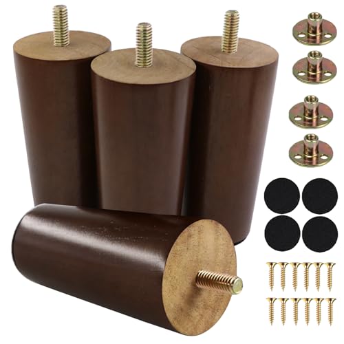 Yaliuliu 4 Inches Round Solid Wood Furniture Legs Set of 4, Brown Wooden Replacement Feet with Threaded 5/16'' Hanger Bolts for Sofa, Couch, Armchair, Cabinet, TV Stand, Ottoman and Dresser