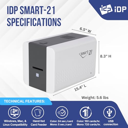 Image of IDP SMART-21S ID Card Simplex Printer Kit with PC Only Software, 100 Print YMCKO Color Ribbon, 100 PVC Plastic Cards, and Now with IDP's EasyCapture Photo Capture Tool Free Trial!