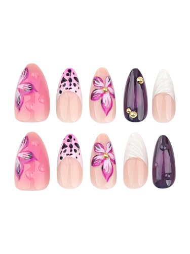 Image of Secret Lives 3D Floral French Tip Press-On Nails with Pink Leopard Accent - Almond Shape Nude & Purple Glossy Fake Nails, 24-Piece Set with Application Kit