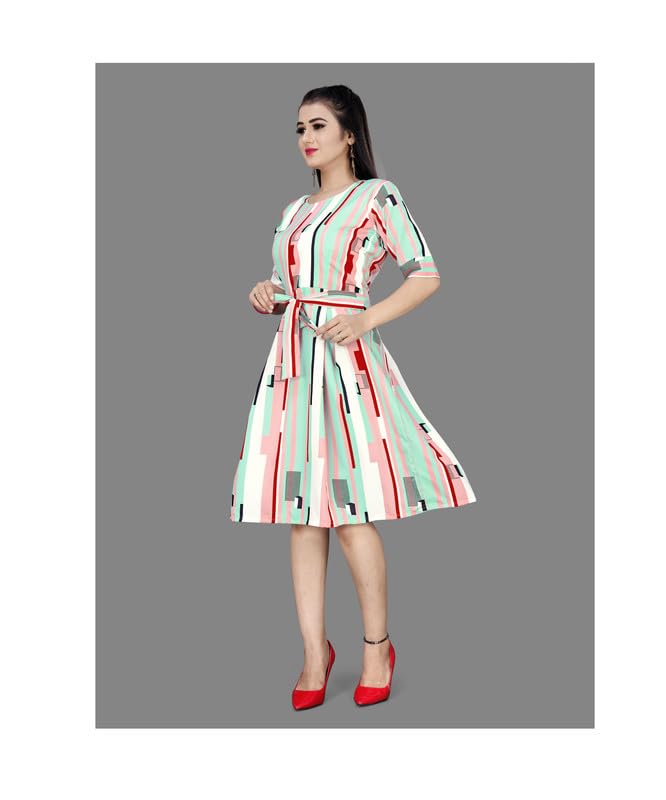 Women’s Designer Striped & Floral Printed Crepe One-Piece Dress | Short Sleeves | Trendy, Comfortable & Stylish S-picture-35