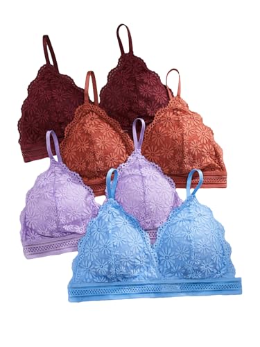 Image of RoseSeek Women's 4 Pack Floral Lace Adjustable Straps Wireless Bra Scallop Trim Molded Bralettes Sets