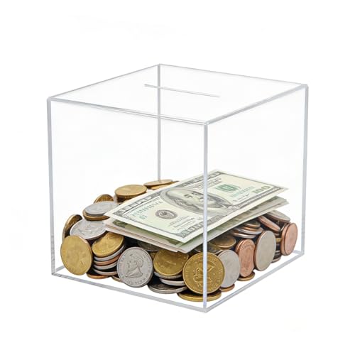 M.J COMFY-LIFE Acrylic Piggy Bank for Adults Clear Money Box Break to Open Square Money Saving Box Transparent Smash Money Box with Large Slot Unbreakable Savings Jar for Coins Cash 15 x 15cm