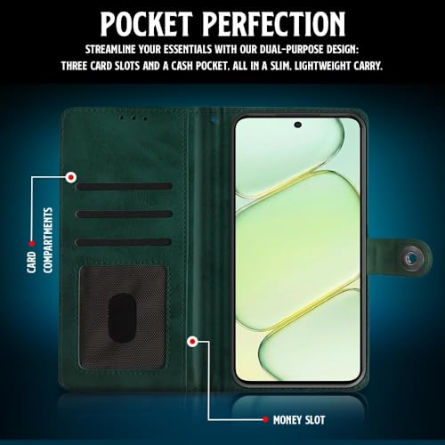 Image of WOW IMAGINE Shock Proof Flip Cover Back Case for 1+ OnePlus Nord CE 6 Lite 5G (Magnetic Button Flip Case | Wallet Pockets & Stand | Leather Finish | Forest Green)
