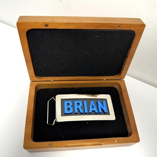 Personalize your attire with an adjustable chrome metal belt buckle, featuring a silver finish and laser-cut blue block letters. Choose any name for this made-to-order men's clothing accessory.