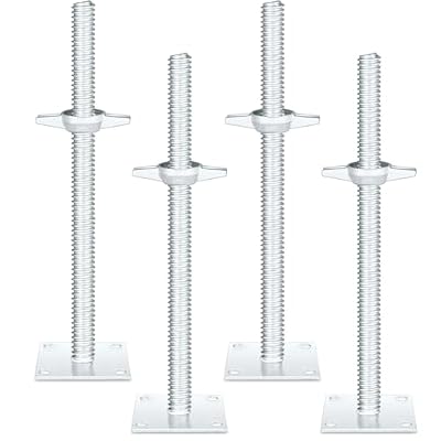 Zonon 4 Pcs 18" Adjustable Scaffold Leveling Jack Parts Galvanized Solid Threaded Rod Scaffolding Feet with Base Plate for Baker Style Scaffolding