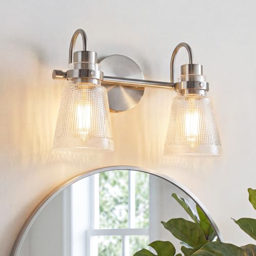 Image of 2-Light Brushed Nickel Bathroom Light Fixtures 13.8 Inch Vanity Lights for Bathroom Lighting Fixtures Over Mirror with Clear Striped Glass Shade for Bedroom Hallway Cabinet Porch