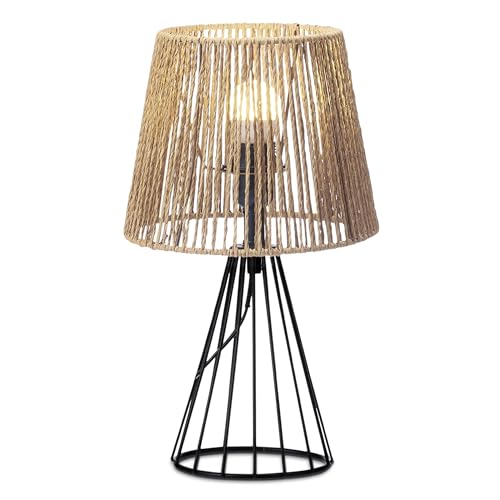 TIENDA EURASIA – Lámpara Sobre Mesa, Mimbre Natural y Metal Negro, Estilo Nórdico, con Portalámparas, E27 LED, para Dormitorio Mesita de Noche o Salón (Pantalla)