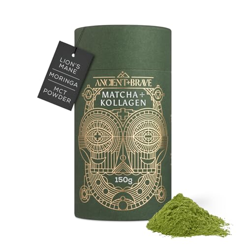 Ancient + Brave Matcha + Collagen 150 g – Mentale Klarheit – Hydrolysierte Kollagenpeptide für Haut, Haare & Nägel – Bio-Matcha-Tee, MCT-Öl, Moringa & Zimt, Lion's Mane Heilpilz, Proteinreich