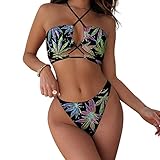 Women Colorful Neon Pot Leaf Weeds Party Bikini Swimsuits Quick Dry Bikini Set Halter Breathable Comfort Two Piece Bathing Suits for Pool, Beach Party