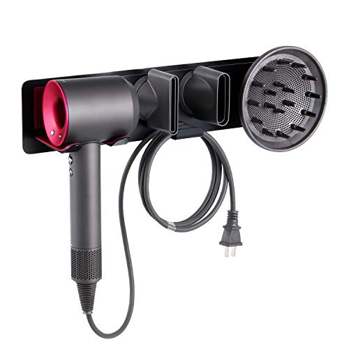 Oak Leaf 5-in-1 Hair Dryer Holder for Dyson, Wall Mount Metal Magnetic Blow Dryer Holder with Fuchsia Anti-Scratch Rubber Protection for Bathroom, Black