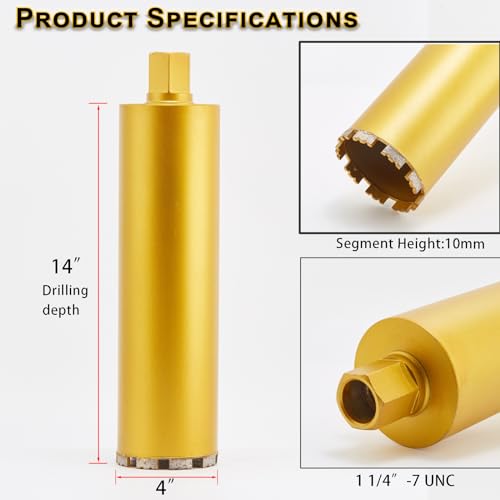 Image of 4 Inch Wet Core Drill Bits, DaduoRi 4 inch Core Bit for Concrete, 14 inch Drilling Depth, 1-1 /4 inch-7 Thread Diamond Core Bit for Cured Concrete with Rebar, Hard Masonry, Brick Block, Stucco, Stone (102mm)