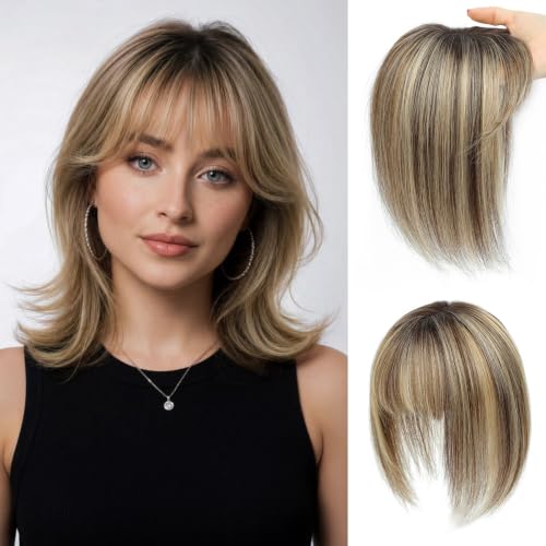 meralona 10-inch human hair topper with bangs — showing the medium dark brown root shade and the Swiss lace base