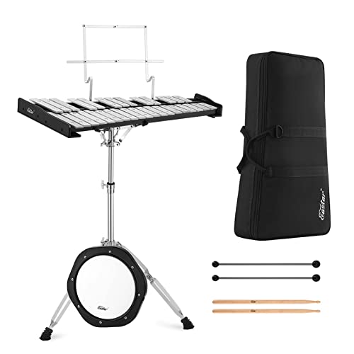Eastar Professional 32 Note Glockenspiel Xylophone Bell Kit Percussion Kit for Adult with 8 Inch Drum Practice Pad, Stand, Glockenspiel Stick, Drum Sticks and Carrying Bag