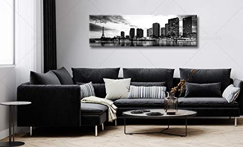 Image of DJSYLIFE Paris Eiffel Tower Skyline Wall Art Black and White Modern City Night View Panoramic Cityscape Picture Paintings Canvas Prints Office Room Home Decoration Artwork Framed 13.8 inchX47.3 inch