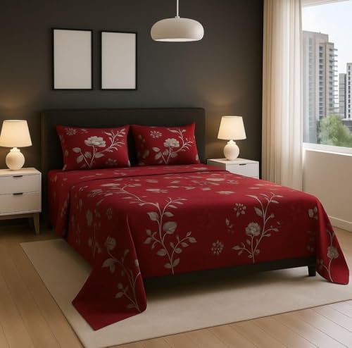 Image of Premium Glace Cotton Flat Double Bedsheets, 90 x 100 Inches with 2 King Size Pillow Cover 17 x 27 Inches, Floral
