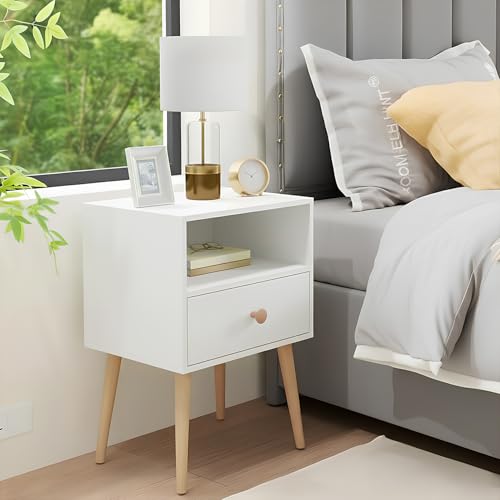 Bentifar 2-Tier Nightstand Bedside Table End Table with Storage Drawer and Open Shelf Simple Style Desk with Solid Wood Legs Perfect for Bedroom Living Room Office and Dorm