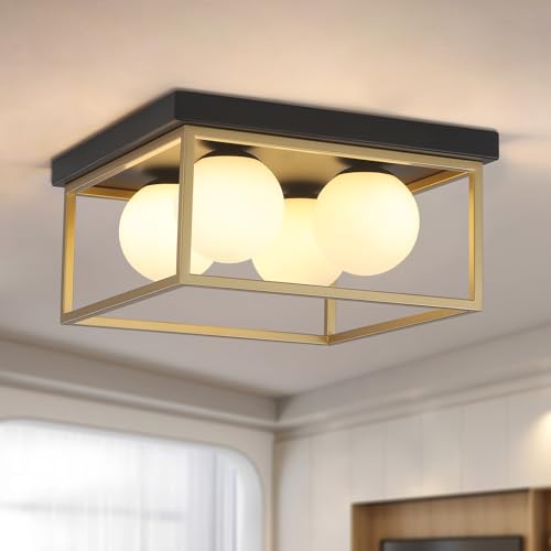 Image of Flush Mount Ceiling Light, 12.6 inch Close to Ceiling Light Fixtures with Globe Glass Shade, 4-Light Black and Gold Light Fixture for Living Room Dining Room Bedroom Kitchen Hallway Entryway
