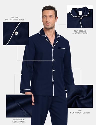 MoFiz Men's Cotton Pajamas Sets Sleepwear Long Sleeve Button Down Loungewear with Pants Soft Pjs Lounge Set with Pockets4