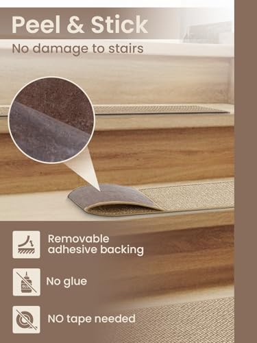 Stair Treads for Wooden Steps, Non-Slip Stair Runners Indoor,Carpet for Stairs with PET Anti-Slip Material for Kids, Elders & Pets, Machine Washable, Reusable(7PCS,30'x8',Beige) — view 5