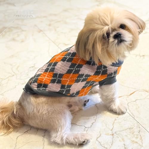 Image of Lulala Dog Sweater for Winter - Soft Grey Orange and Grey Argyle Pattern, Warm Knit Sweater for Small to Medium Breeds, Cozy Dog Clothes