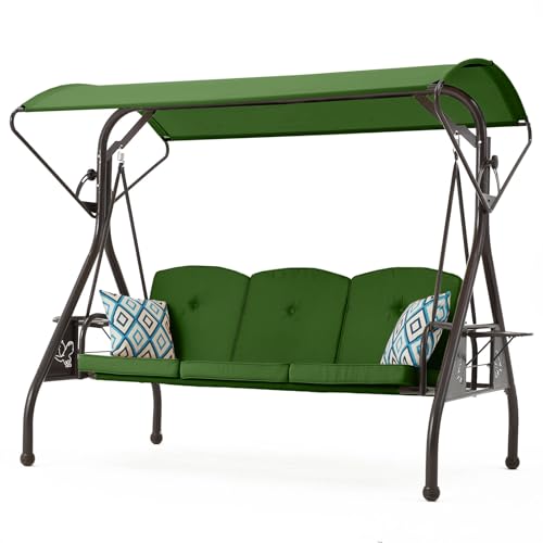 Image of ZZW 800LBS Patio Swing with Canopy 3 Seat Outdoor Porch Swing with Stand w /Cup Holder & Pillow Glider Chair Swing Bed for Patio Backyard Poolside (Green)