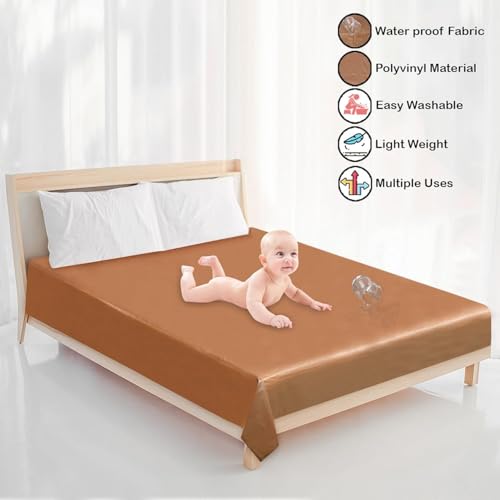 Image of Waterproof PVC Plastic Mattress Protector Double Bed Flat Bedsheet with Elastic for Babies Girls & Boys (Gold, Size 72x78)