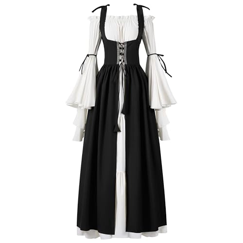 Spooktacular Creations Renaissance Costume Women, Medieval Black Chemise Ren Faire Dress Irish Overdress, Renaissance Corset with Trumpet Sleeve for Halloween Cosplay Wedding Themed Parties-L