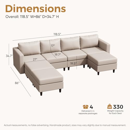 Image of ABCASA Faux Leather Modular Sectional Sofa 118.5 inch, 7 Seater U Shaped Couch with Storage Seat with Reversible Chaise Deep Seat for Living Room Whitesand